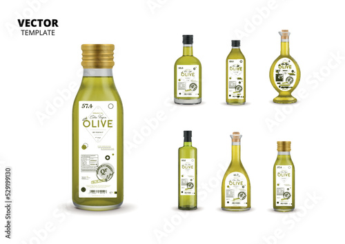 Extra virgin olive oil canned glass bottles with labels. Layout of food identity branding, modern packaging design. Healthy organic product, natural vegetarian nutrition isolated vector illustration