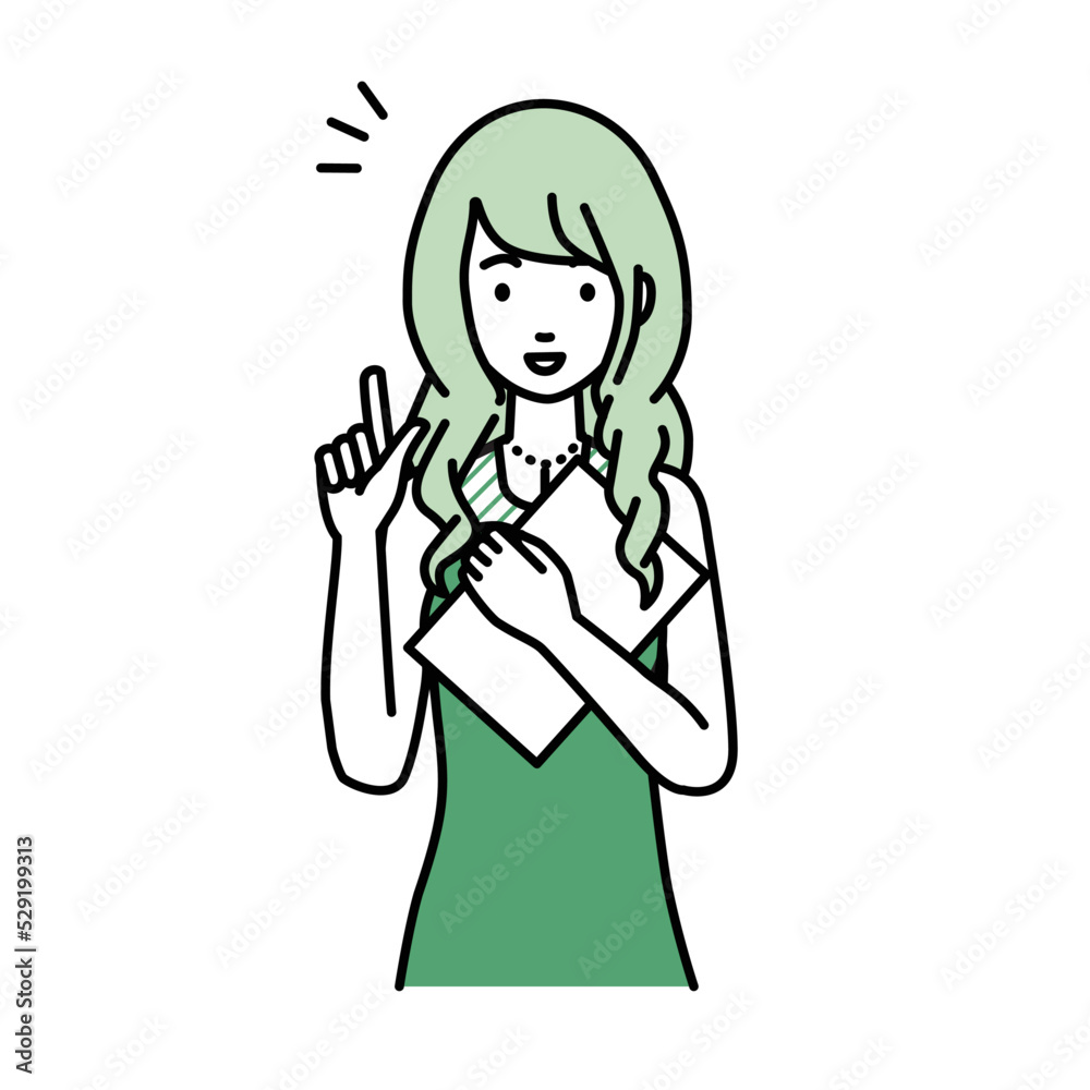 立って書類を手に持って何かひらめいたドレスの女性 立って書類を手に持って何かひらめいたドレスの女性