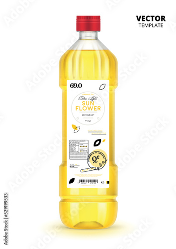 Premium quality extra virgin sunflower oil realistic plastic bottle with label. Layout of food identity branding, modern packaging design. Healthy organic and natural product vector illustration
