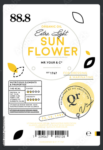 Premium quality extra virgin sunflower oil label. Layout of food identity branding, modern packaging design. Healthy traditional product, organic vegetarian nutrition vector illustration