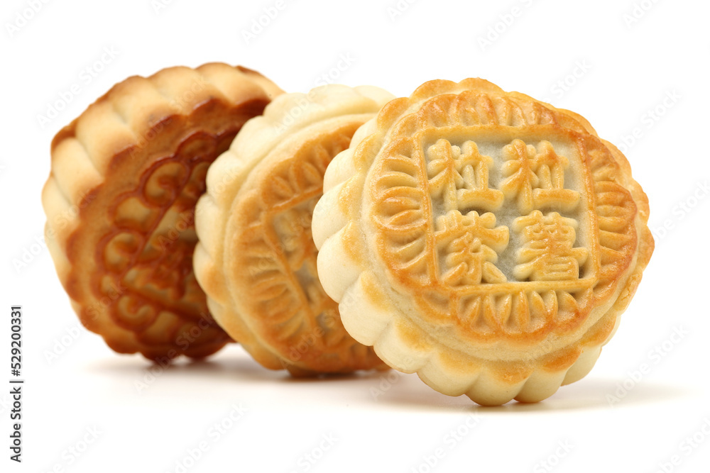 Mid-Autumn Festival moon cake on white background（Non-English texts translation :Five kernels, purple potato, chestnut）