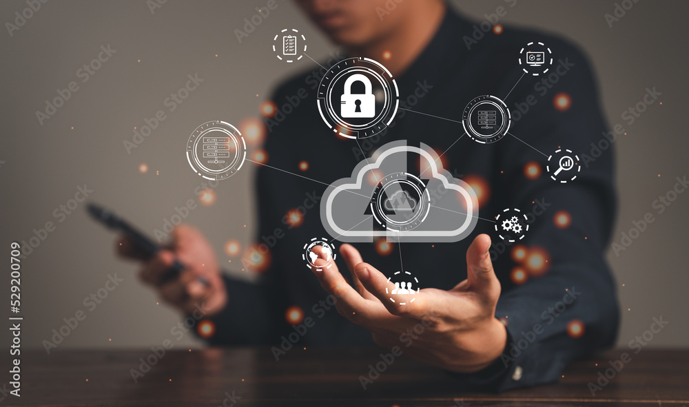 Man Hand holding virtual cloud Global Internet connection metaverse. Business global internet connection application technology and digital marketing, Financial and banking, Digital link tech.