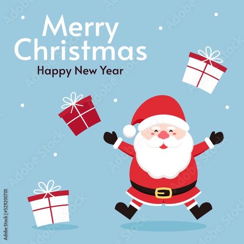 Merry Christmas and happy new year greeting card with cute Santa Claus  deer  gifts. Holiday cartoon character in winter season.