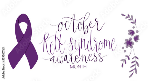 Rett Syndrome Awareness Month October handwritten lettering and purple support ribbon. Web banner vector template