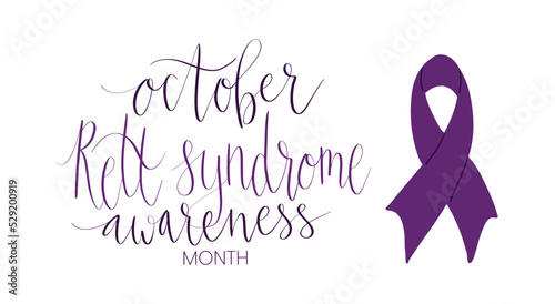 Rett Syndrome Awareness Month October handwritten lettering and purple support ribbon. Web banner vector template