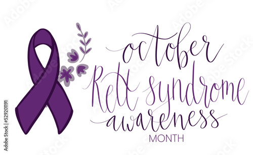Rett Syndrome Awareness Month October handwritten lettering and purple support ribbon. Web banner vector template