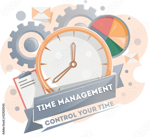 Time management poster with clock. Time planning and control concept for effiecient succesful and profitable business. Effective working time organization vector illustration in flat style.