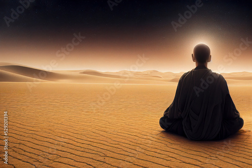 A Monk Meditating at Night under the Stars