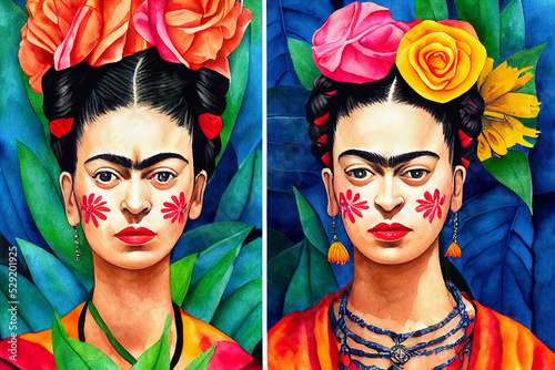Valokuvatapetti Frida Kahlo mexican style portrait. Colorful illustration.