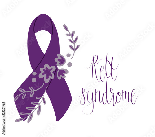Rett Syndrome Awareness Month October handwritten lettering and purple support ribbon. Web banner vector template