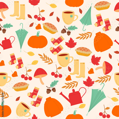 Seamless autumn pattern on light background with pumpkin, sweater. Vector illustration.