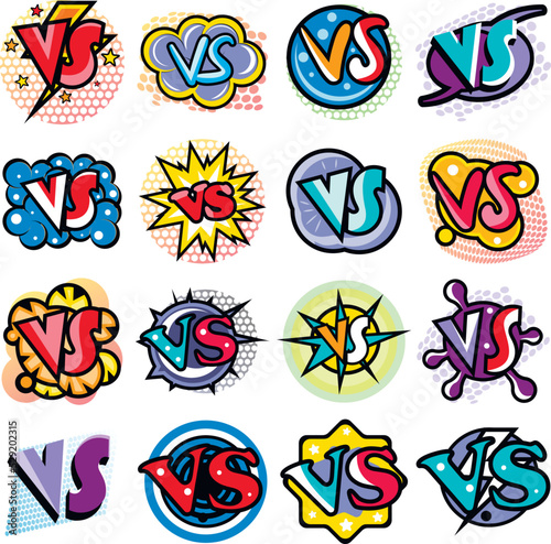 Confrontation versus comic speech bubble cartoon set isolated on white background vector illustration. Fight opposition symbol, VS bright colorful element collection in pop art style.