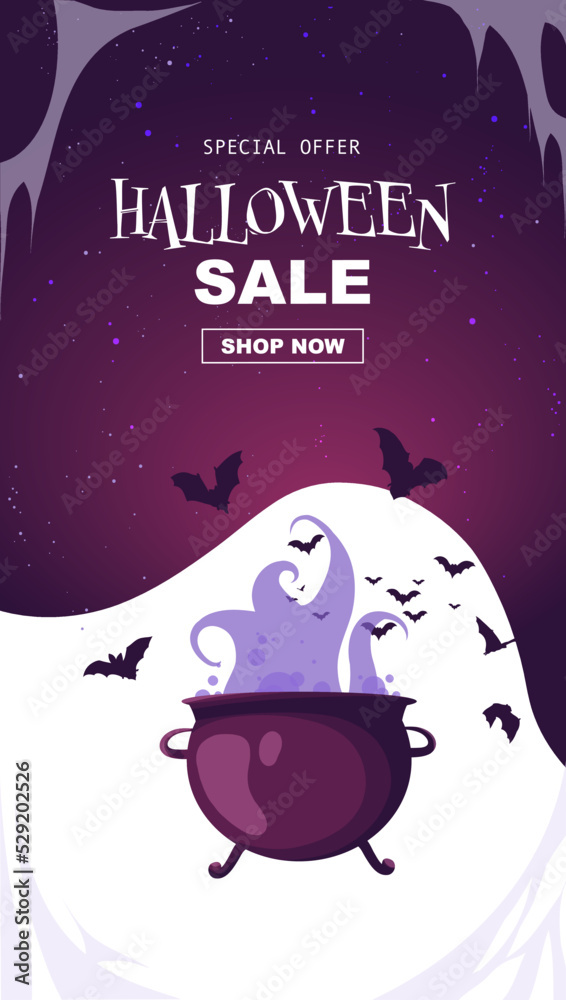 Halloween vertical banner for social media, with a boiling brew in cauldron and a flock of bats on it. Stories template for vouchers, offers, coupons, holiday sales. Vector illustration for discounts.