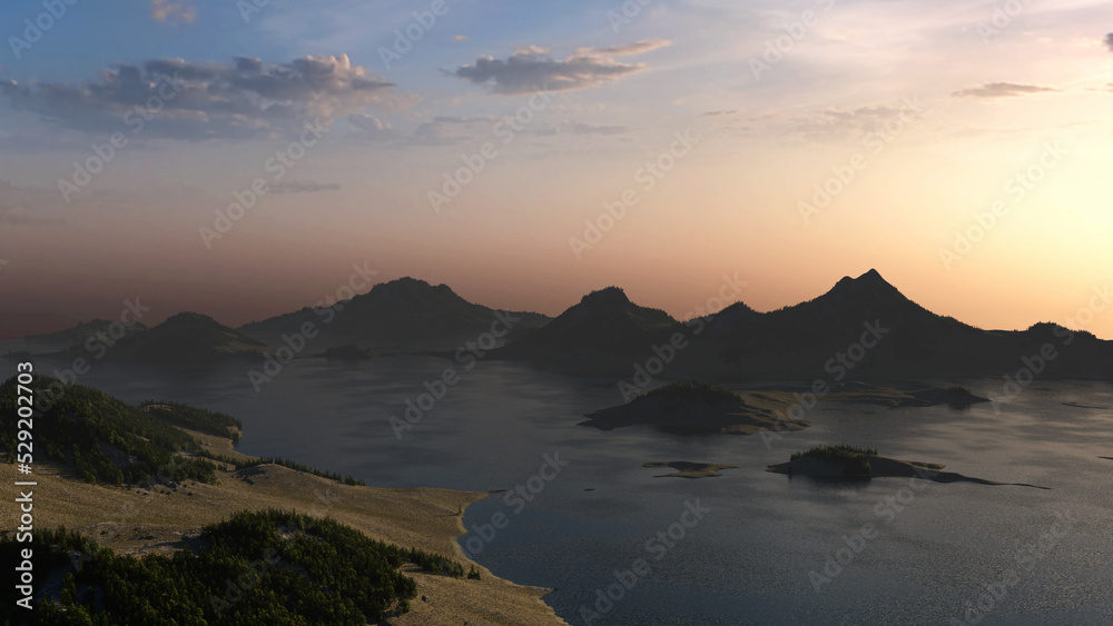 Mountains with green vegetation and a lake under a sunset sky. 3D render.