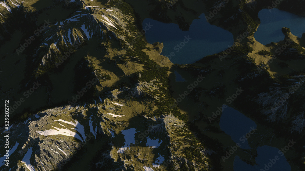Mountains with pine trees, grass, some snow and mountain lakes. Aerial view. 3D render.