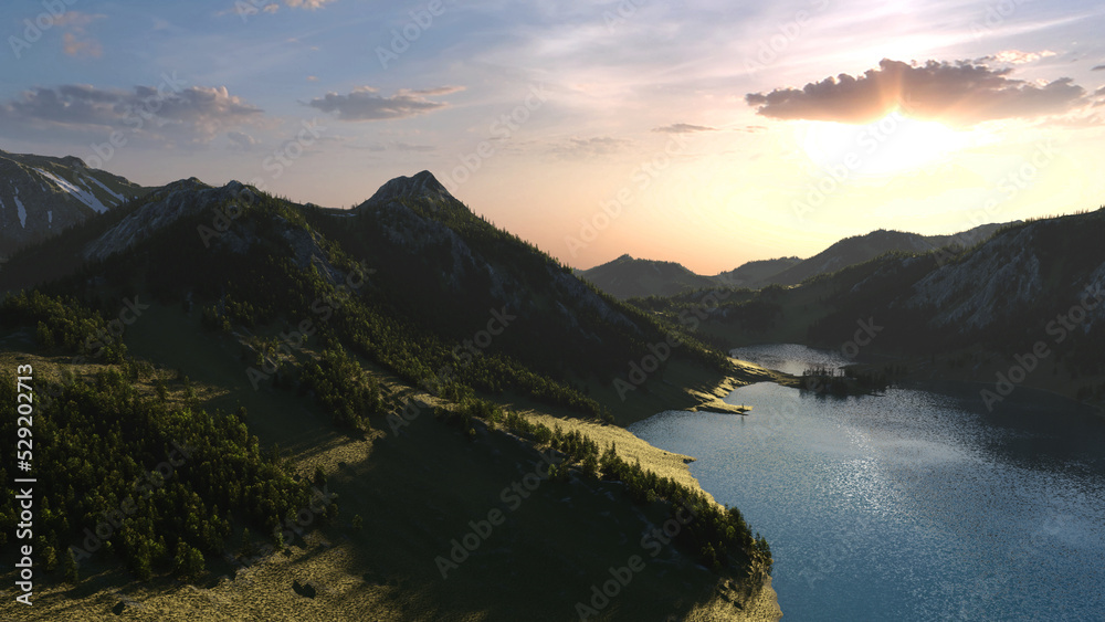 Mountains with green vegetation, some snow and a mountain lake under a sunset sky. 3D render.