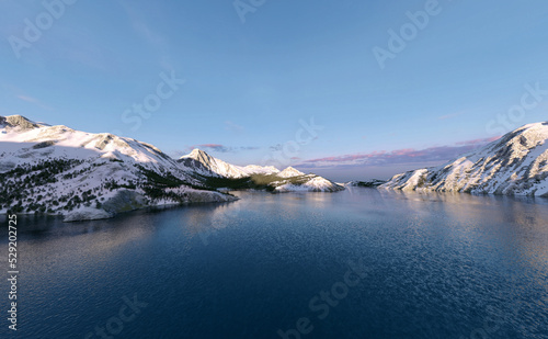 Mountains with green trees, snowy peaks and a lake under a sunset sky. 3D render.