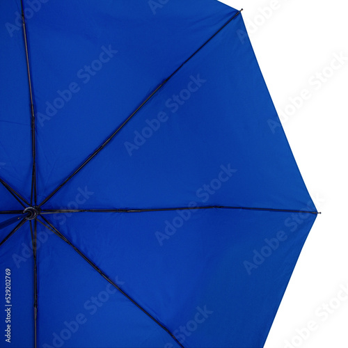 Underside of Blue umbrella with eight ribs isolated on transparent background. Bottom view