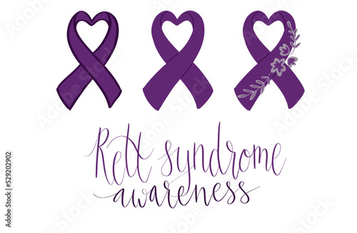 Rett Syndrome Awareness Month October handwritten lettering and purple support ribbon. Web banner vector template