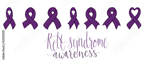 Rett Syndrome Awareness Month October handwritten lettering and purple support ribbon. Web banner vector template