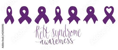 Rett Syndrome Awareness Month October handwritten lettering and purple support ribbon. Web banner vector template