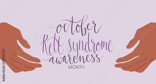 Rett Syndrome Awareness Month October handwritten lettering and purple support ribbon. Web banner vector template