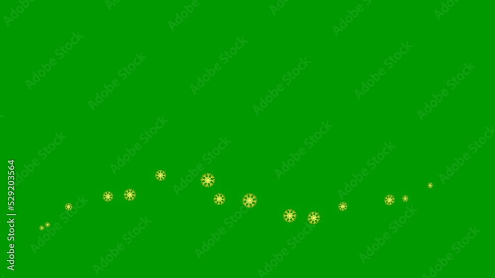 Animated golden snowflakes fly from left to right. A wave of flying snow. Concept of winter, cold. Vector illustration isolated on the green background. Animated golden snowflakes fly from left to right. A wave of flying snow. Concept of winter, cold. Vector illustration isolated on the green background.