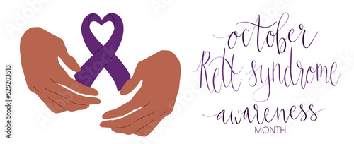 Rett Syndrome Awareness Month October handwritten lettering and purple support ribbon. Web banner vector template