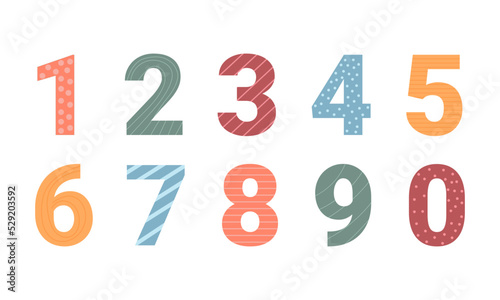 Set of colorful vector numbers isolated. Ten numbers form zero to nine, number flat design.	
