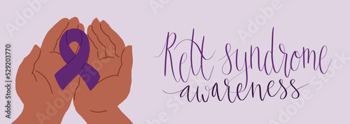 Rett Syndrome Awareness Month October handwritten lettering and purple support ribbon. Web banner vector template photo