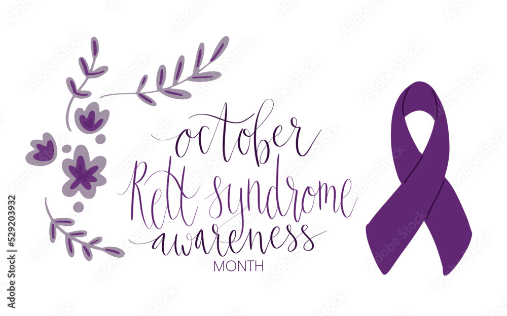 Fototapeta premium Rett Syndrome Awareness Month October handwritten lettering and purple support ribbon. Web banner vector template