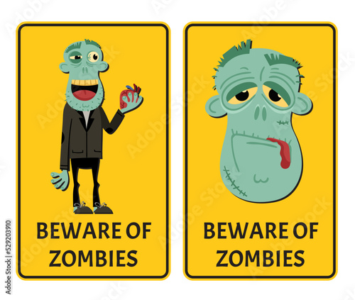 Beware of zombies label set with happy monster. Halloween party attribute with funny undead man, festive horror event stickers. Symbol collection with cute walking dead vector illustration.