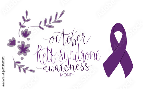 Rett Syndrome Awareness Month October handwritten lettering and purple support ribbon. Web banner vector template