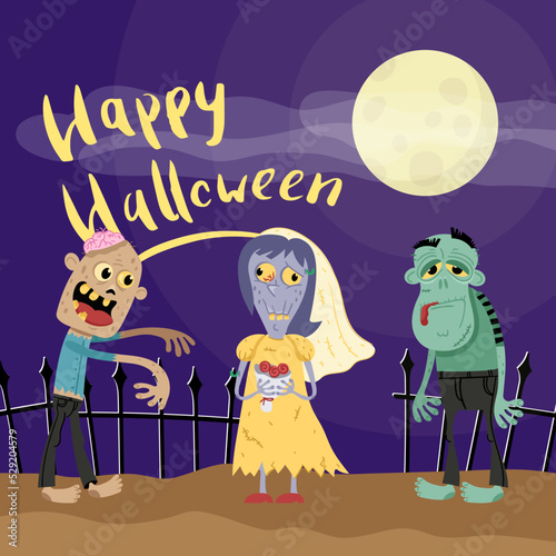 Happy Halloween poster with zombies in cemetery at full moon. Holiday advertising with funny undead, festive horror event banner. Cute walking dead characters in graveyard vector illustration