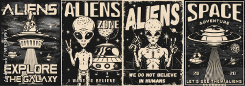 Aliens set vintage monochrome posters