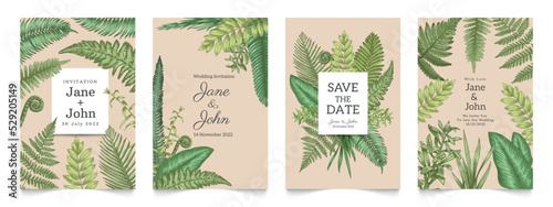 Floral wedding invitation. Greeting cards mockup with rural herbal decorative elements, leaves borders and geometric frames. Vector save the date poster illustration