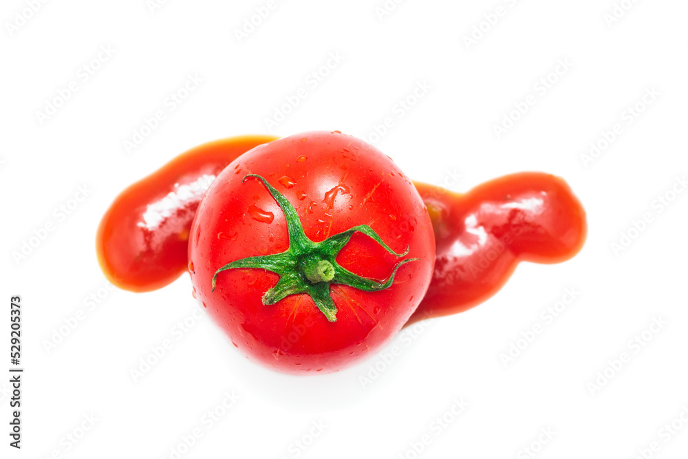 splattered tomato with ketchup isolated on white background splattered tomato with ketchup isolated on white background