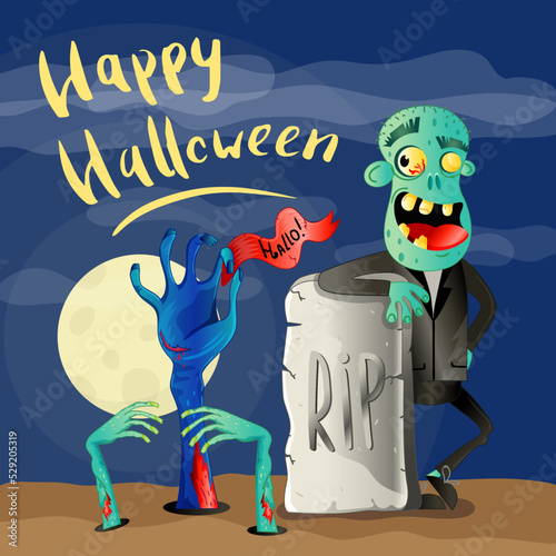 Happy Halloween poster with smiling zombie in cemetery. Holiday advertising with funny undead, festive horror event banner. Cute walking dead character in graveyard vector illustration