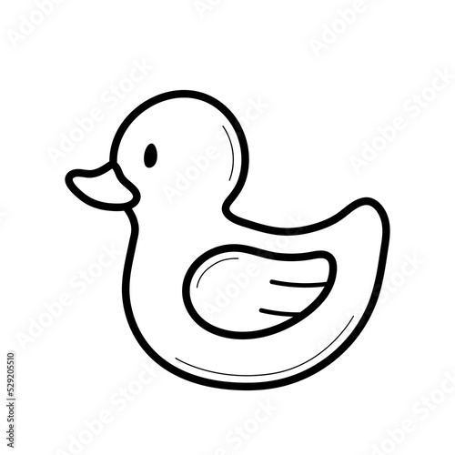 Bath rubber duck. Hand drawn sketch icon of baby toy. Isolated vector illustration in doodle line style.