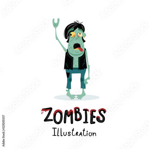 Punk rocker zombie character with rock hand gesture in cartoon style. Halloween undead banner, horror monster personage, zombie apocalypse concept, cute walking dead man isolated vector illustration.