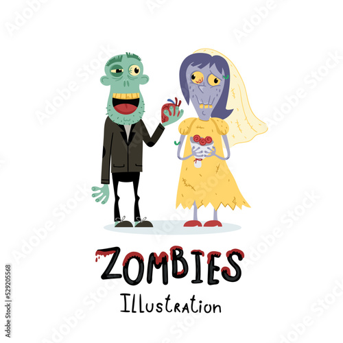 Funny married zombie couple character in cartoon style. Halloween zombie horror fantasy poster, undead monster personage, zombie wedding concept isolated on white background vector illustration.