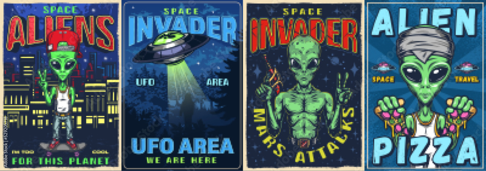 Space alien set colorful posters