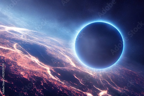 Huge asteroid in space approaching planet with sunrise, 3d render, Raster illustration.
