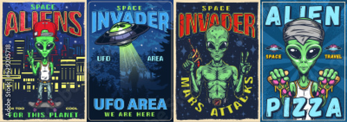 Space alien set colorful posters
