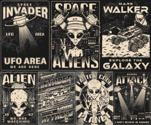 Space alien set monochrome flyers