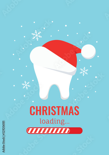 Chistmas tooth in red Santa Claus hat and countdown bar. Tooth Christmas loading text and candy bar progress on offer card or banner. Flat design cartoon xmas vector stomatology illustration