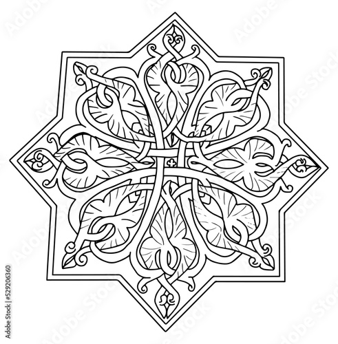 pattern in the form of an eight-pointed star based on Armenian ancient patterns. Linear drawing black outline on white background