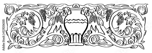 Symmetrical pattern with amphora, floral motifs, grapes and pomegranate based on ancient Armenian patterns. Linear drawing black outline on white background photo