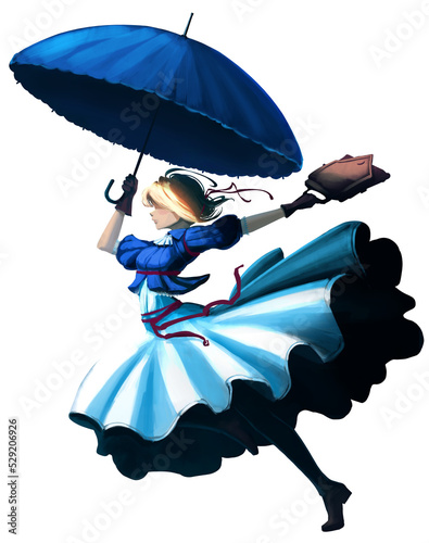 A cheerful blonde woman in a white fluffy dress and jacket joyfully runs with a briefcase and a blue umbrella in her hands, 2d isolated PNG art photo