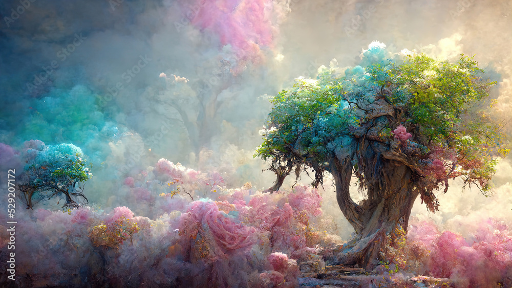 Naklejka premium fairy tale landscape in fantasy style with pink mist and magic tree